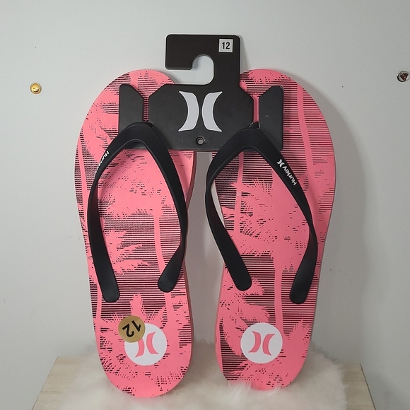 Hurley Other - Hurley Mens Palm Trees Print Beach Pool Sandals Thongs Size 12 Pink / Black